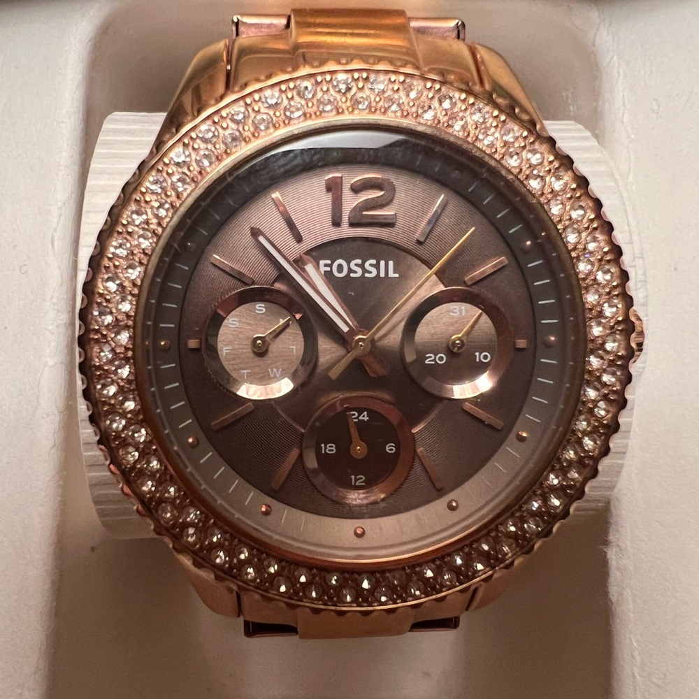 Fossil Rose Gold Chronograph Watch with Crystal Bezel